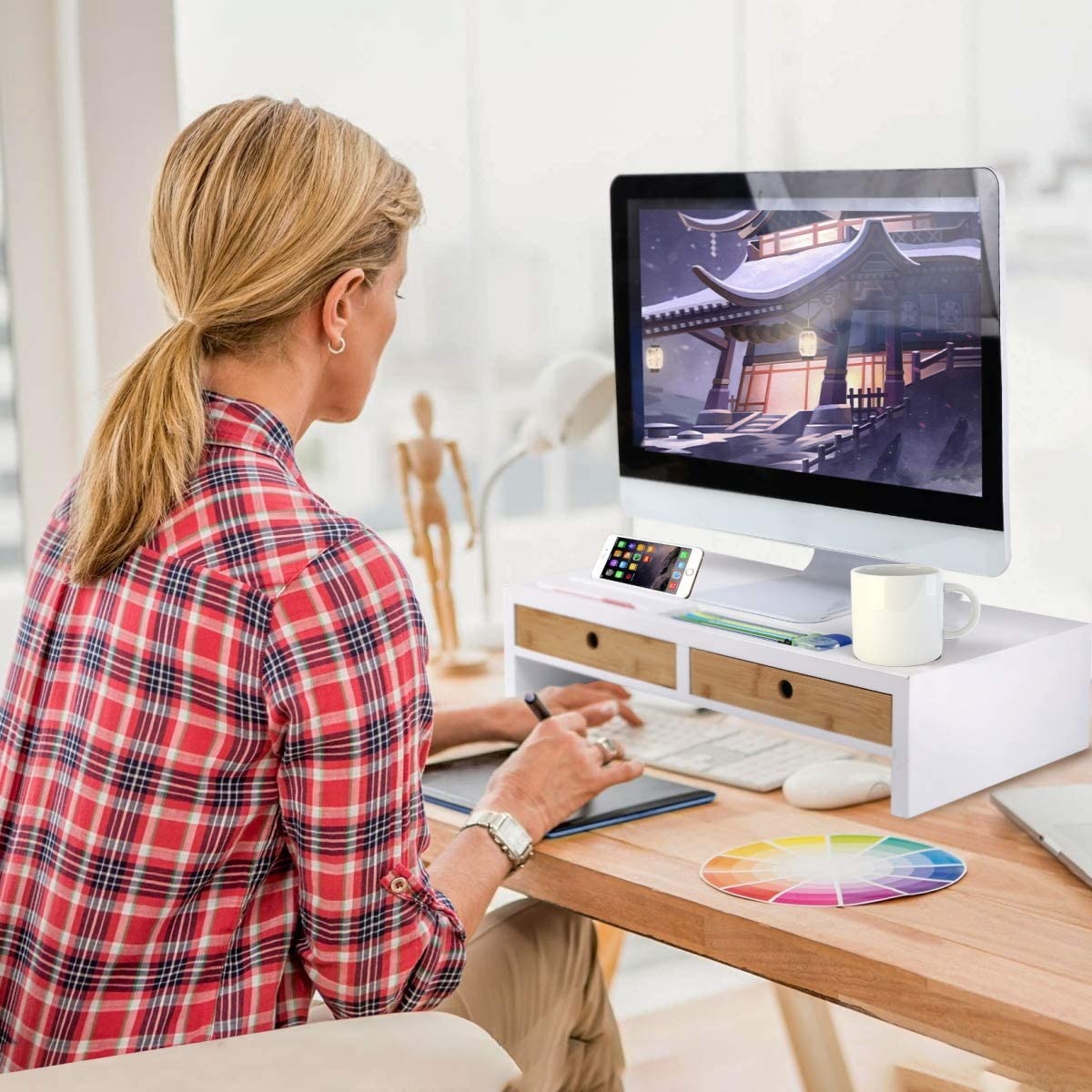 Monitor Stand Computer TV Riser with 2 Drawers & Desktop Organizer Laptop Printer Stand with Keyboard Storage Space for Home & Office