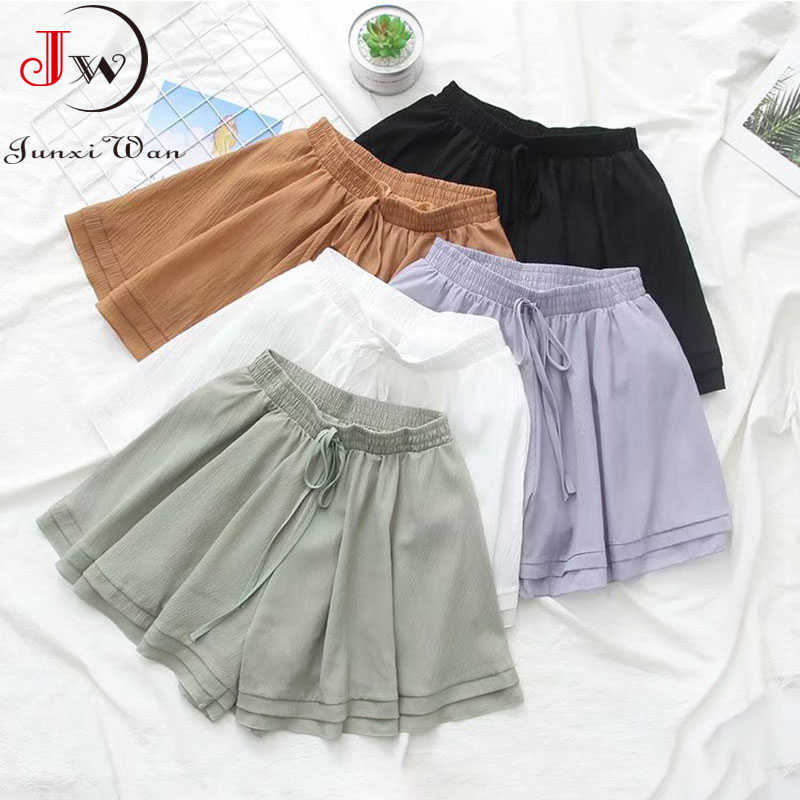Women Summer Casual Chiffon Short Pants High Waist All-Match Cute Sweet Girls Ruffled Loose A-Line Wide Leg Shorts Korean 210714
