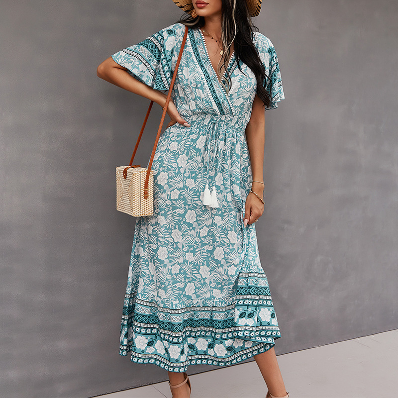 Women long Cotton dress Summer V-Neck short sleeve floral printed bohe style Casual Women's holidays beach Dresses 210524