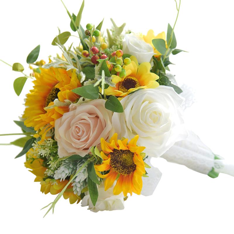 Artificial Sunflower Rose Bouquet Bride Holding Flower Silk Wedding Linen Handmade Simulation Bouquets Home Party Decor Decorative Flowers &