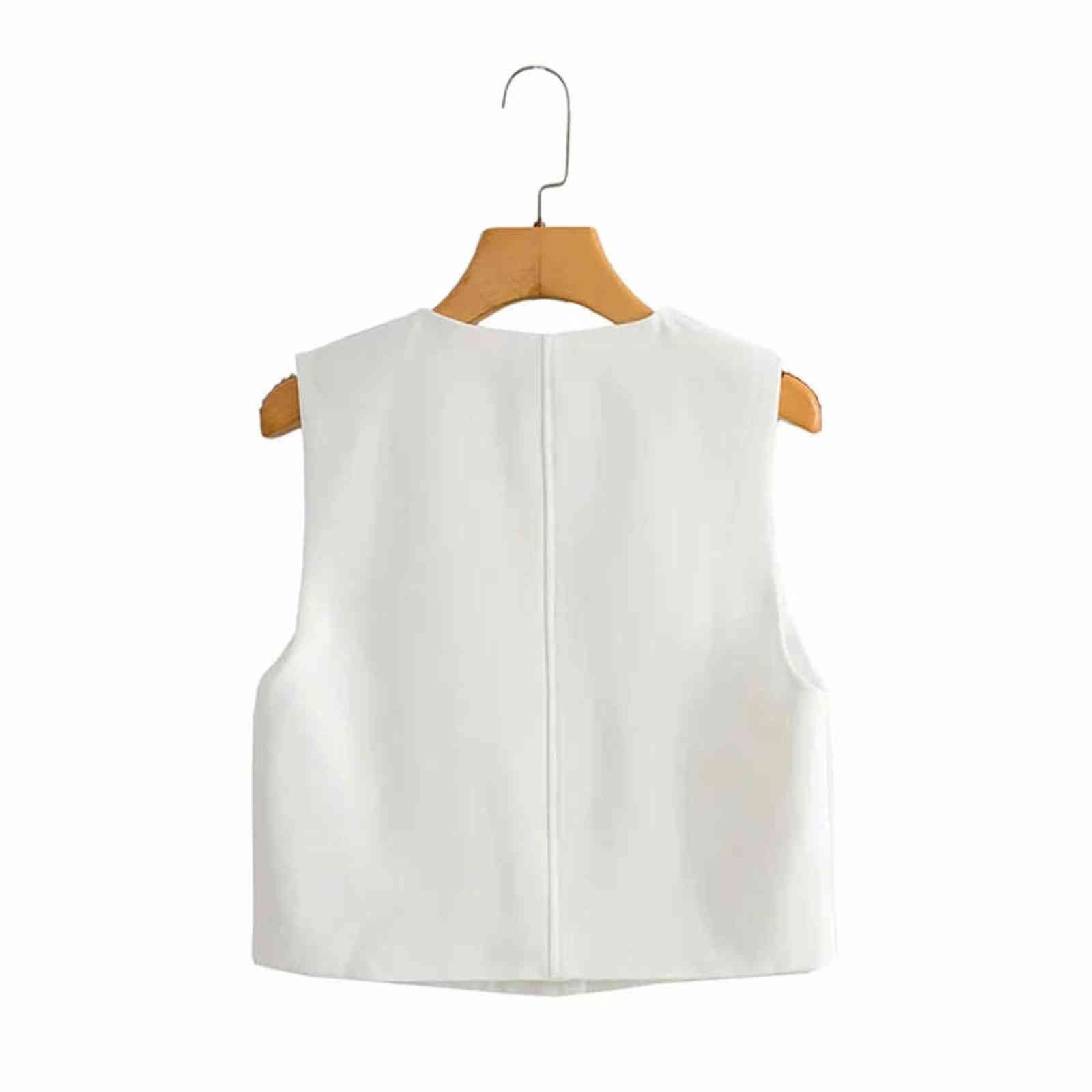 XEASY Women Elegant White Streetwear Sleeveless Short Vest Female Vintage Slim V-Neck Single-breasted Casual Waistcoat 211120