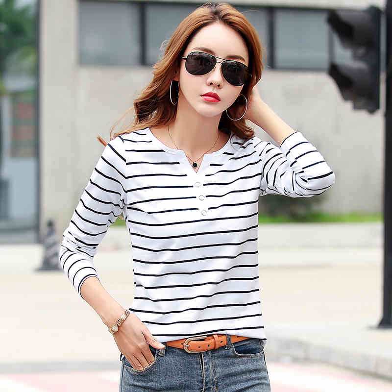 Women Long Sleeve Cotton T-Shirt Striped T Shirt Spring Autumn Female Clothing Fashion Top Tee Lady V-neck Plus Size 7215 50 210518