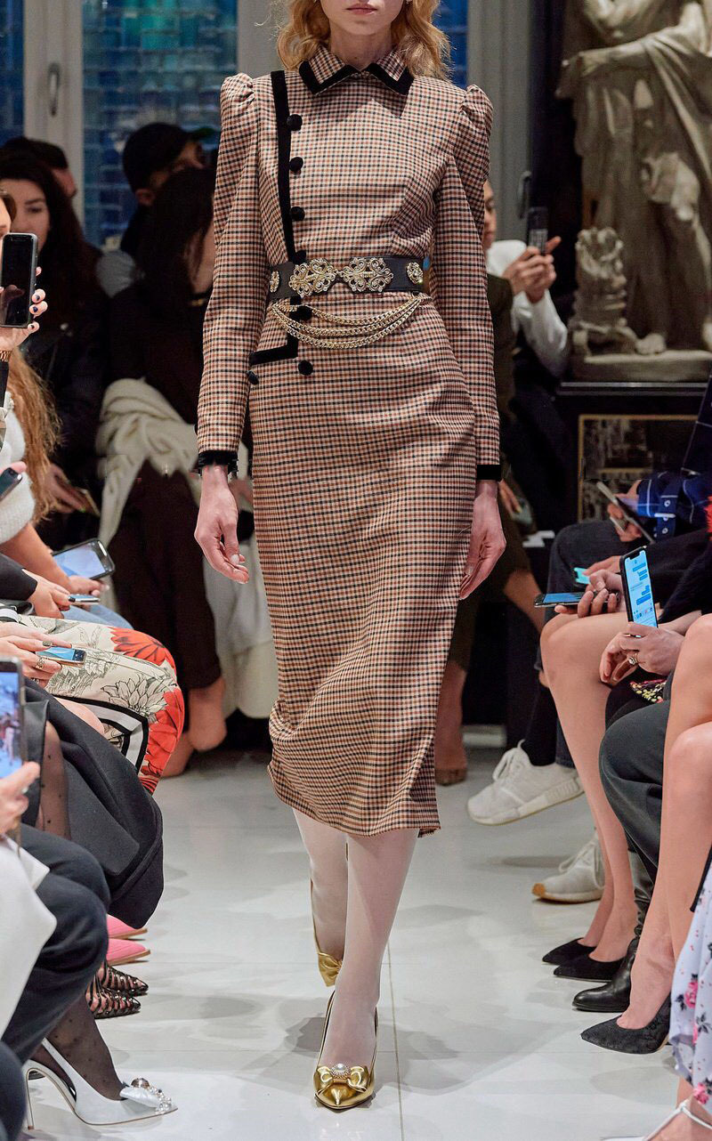 runway elegant plaid turn down colla autumn winter tops long sleeve pencil midi dress office lady buttons high quality 210421