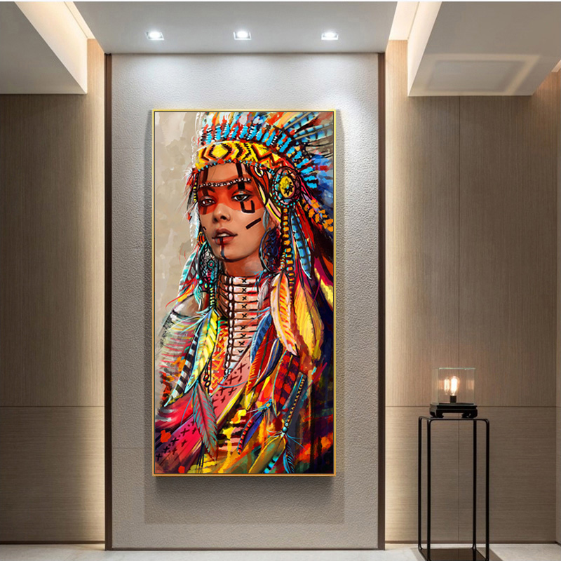 Modern Home Decor Canvas Painting Feather Warrior African Woman Wall Art Pictures For Living Room Abstract Posters And Prints