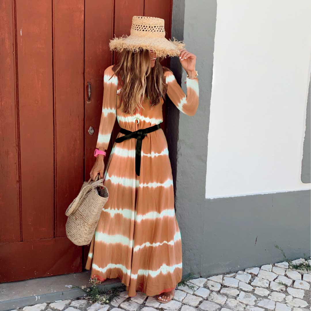 Women Dress V-neck Long Sleeve Striped Beach Plus Size Loose Casual Summer es Fashion 210524