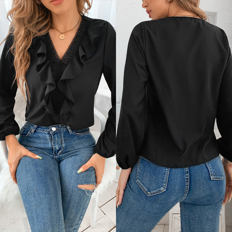 2021 Autumn and Winter New Style European and American V-neck Irregular Ruffled Long-sleeved Shirt Women, White
2021 Autumn and Winter New Style European and American V-neck Irregular Ruffled Long-sleeved Shirt Women, White