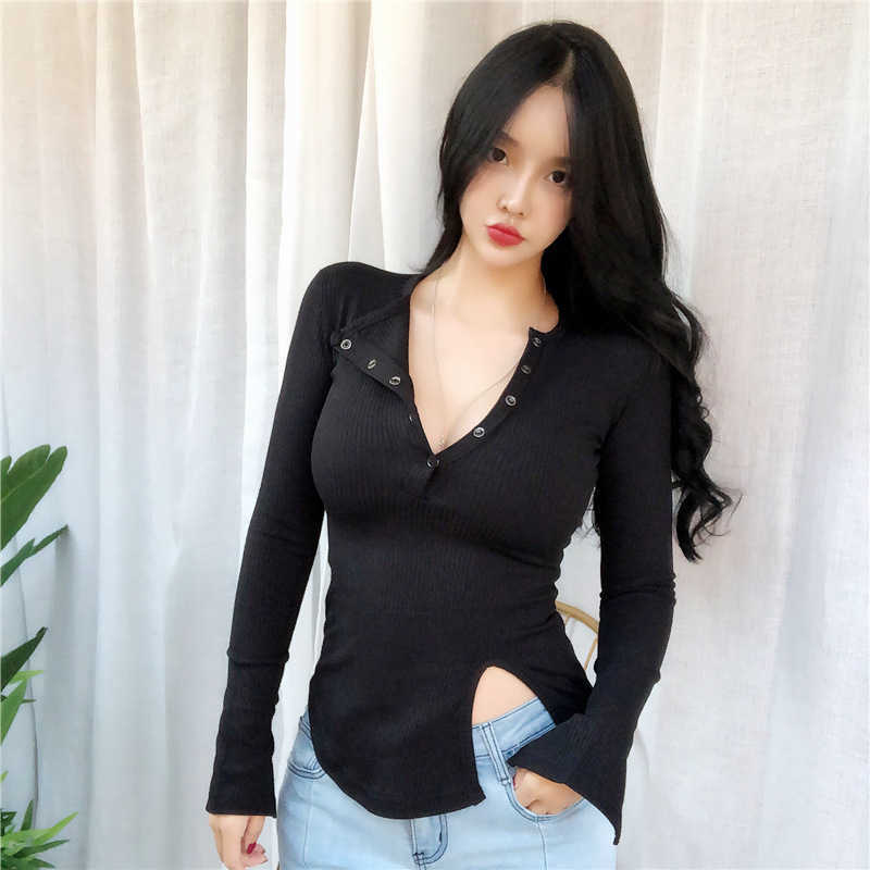 cotton stretch render irregular T Shirt Women T- Long Sleeve Tshirt Tees Tops Casual Tee Femme 90VW 210603
