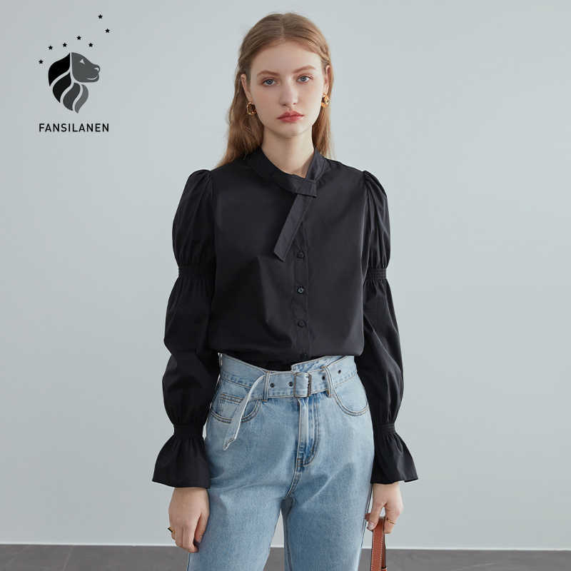 FANSILANEN French Stand-up Collar Puff Sleeve Black Shirt Female Spring Long-sleeved Fashion Womens Tops 210607
FANSILANEN French Stand-up Collar Puff Sleeve Black Shirt Female Spring Long-sleeved Fashion Womens Tops 210607