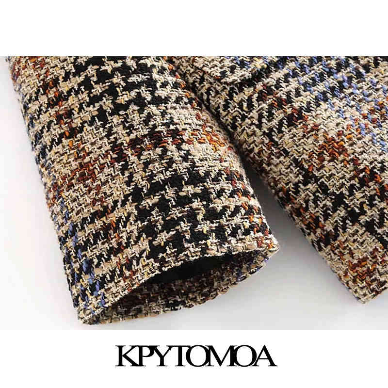 Women Fashion Patchwork Check Loose Tweed Blazers Coat Long Sleeve Pockets Female Outerwear Chic Tops 210420