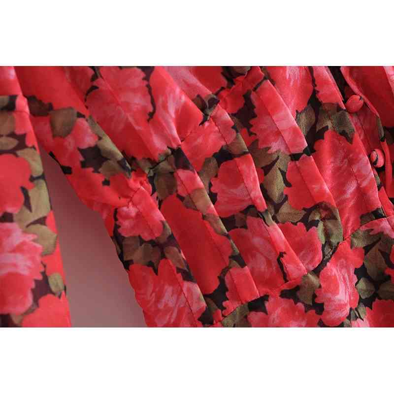 Spring Women BOHO Red Flower Print Shirt Dress Sexy Ladies Deep V neck Lantern Sleeve Center Buttons Mini Short Dresses 210429