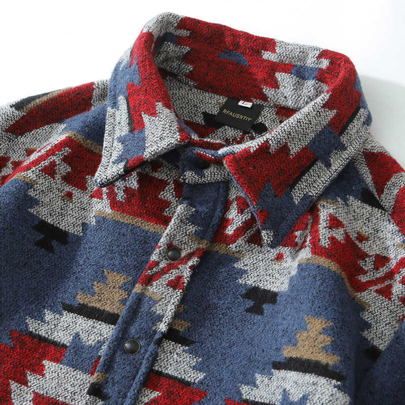 Men's Flannel Shirt Ethnic Style Element Pattern Long Sleeve Casual Button Up Pocket Jacket, Brushed Soft Outdoor Shirts 210527