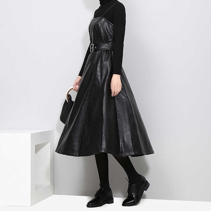 Ly Varey Lin Autumn Strapless Black Pu Leather Long Dress Women High Waist Belt Zipper Loose Vestidos 210526