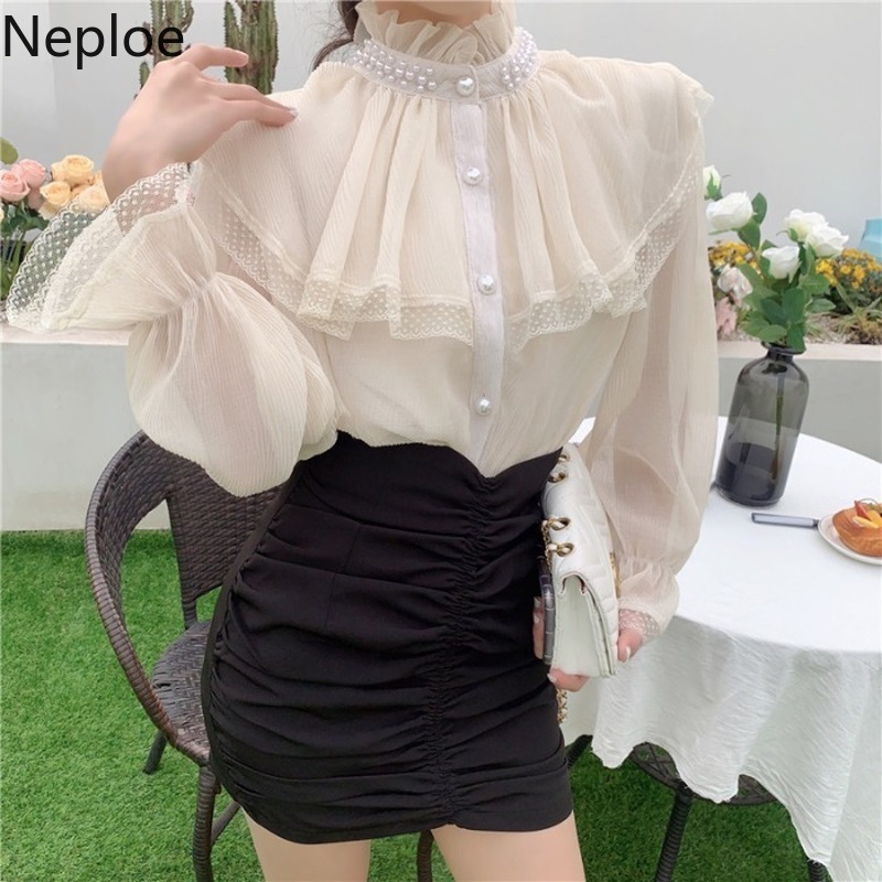 Neploe Fashion Lace Women Shirts Spring Clothes Blouses Half Urtleneck Ruffles Lantern Sleeve Blouse Elegant Beading Blusas Tops 210422