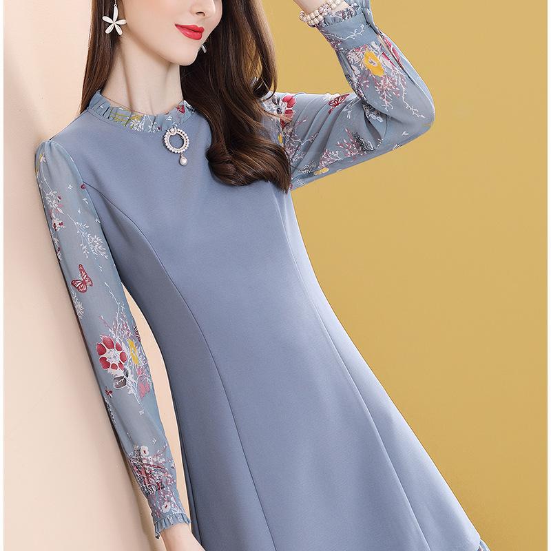 Casual Dresses Fashion Blue Print Dress Women 2021 Listing O-neck Long Sleeve Slim Temperament OL Office Lady Vestido