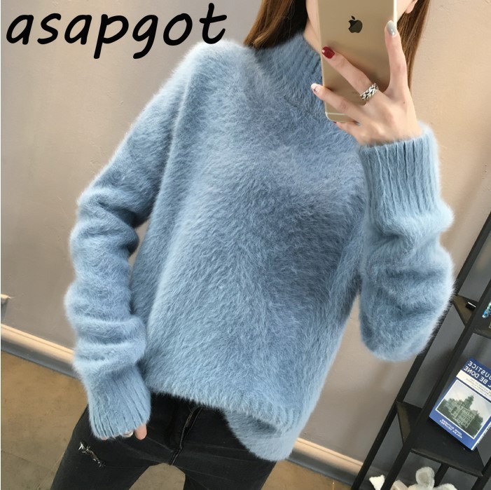 Minimalism Mohair Fashion White Half Turtleneck Plus Size Winter Sweaters Chic Korean Loose Outwear Knitwear Tops Pull Solid 210429