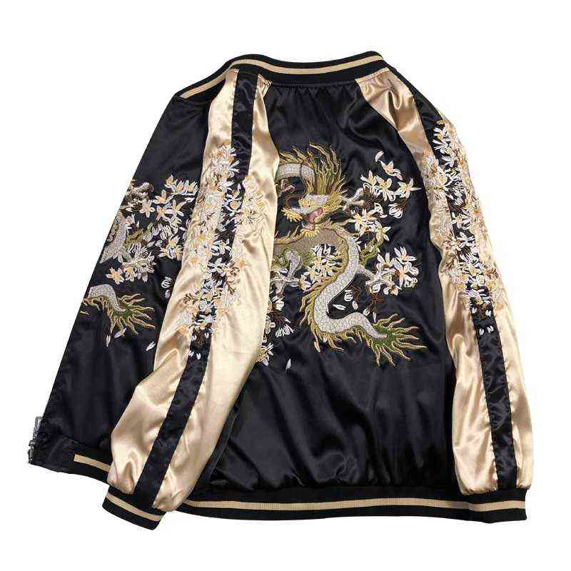 Sukajan Baseball Bomber Jacket Men Women Satin Dragon Phoenix Embroidery Yokosuka Coat Spring Japan Double Sided Streetwear 220124
