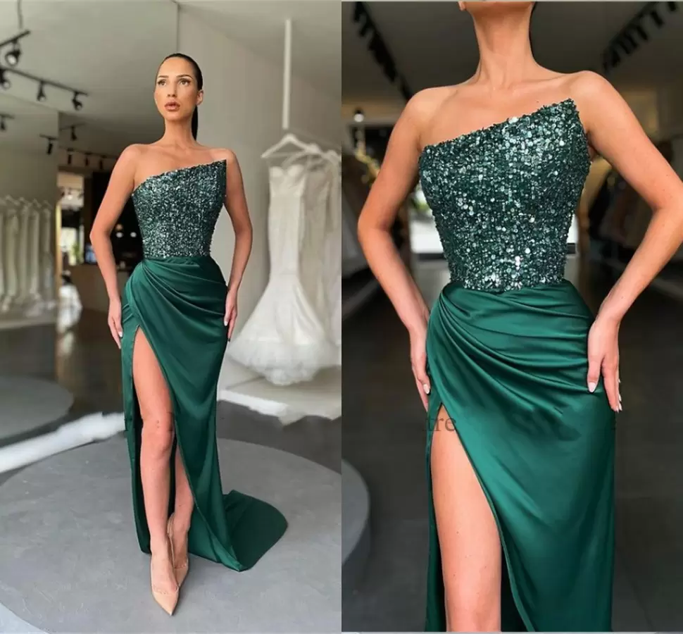Green Prom Dresses Strapless Sheath Satin Side Slit Sparkly Sequins Custom Made Sweep Train Evening Party Gown Plus Size vestidos 2022 Designer Formal Wear, Gold
Green Prom Dresses Strapless Sheath Satin Side Slit Sparkly Sequins Custom Made Sweep Train Evening Party Gown Plus Size vestidos 2022 Designer Formal Wear, Gold
