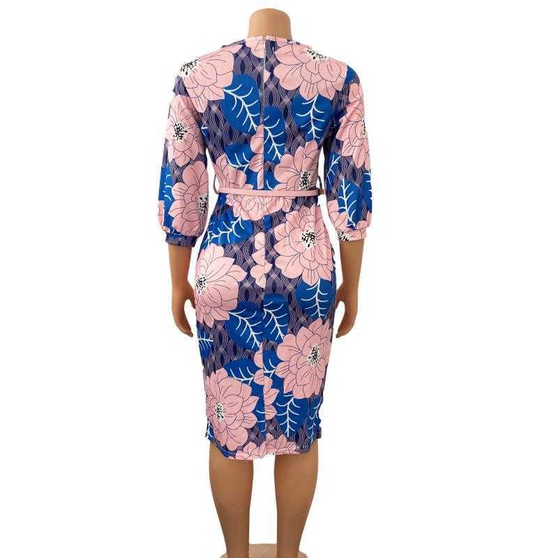 Women Bodycon Printed Dress Three Quarter Sleeves Midi Office Ladies Work Wear Elegant Classy Vestidos African Female Plus Size 210623