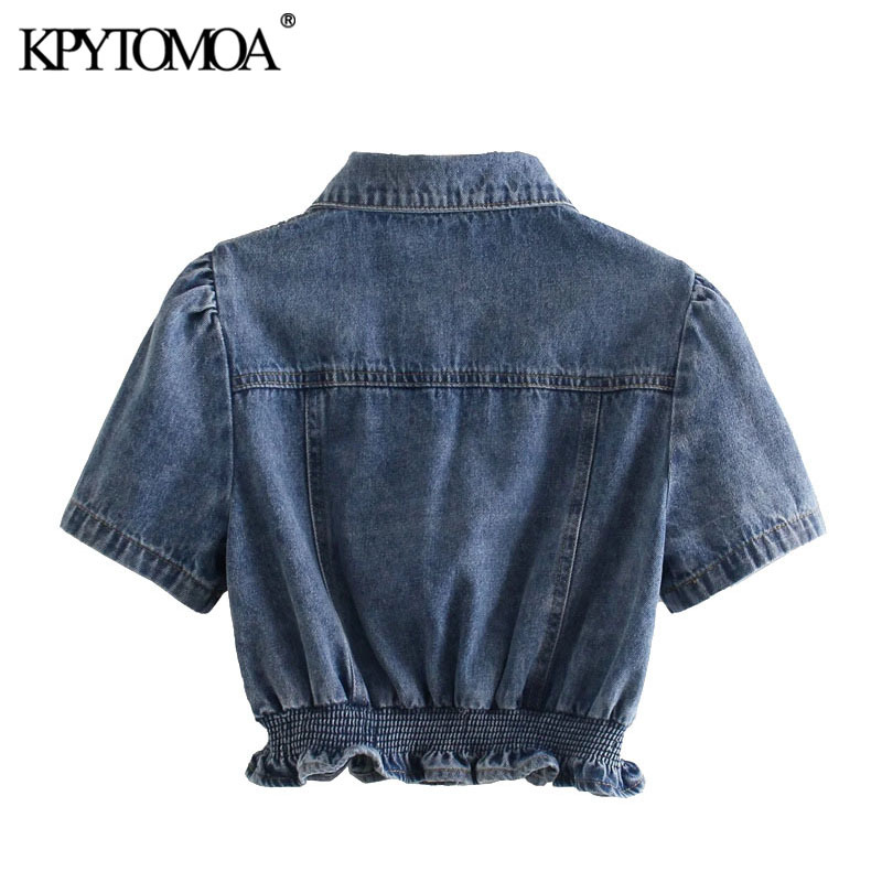 Women Fashion With Elastic Hem Ruffle Cropped Denim Blouses Puff Sleeve Button-up Female Shirts Chic Tops 210420