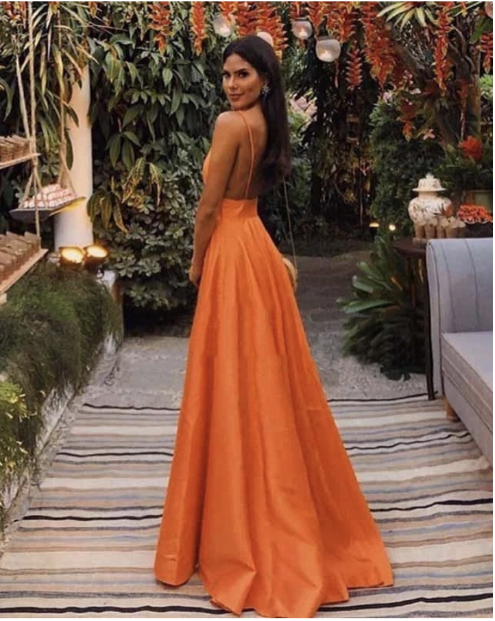 Orange A Line Long Prom Dresses 2021 Sexy V Neck Backless Spaghetti Strap Evening Dress Party For Women Formal Gowns