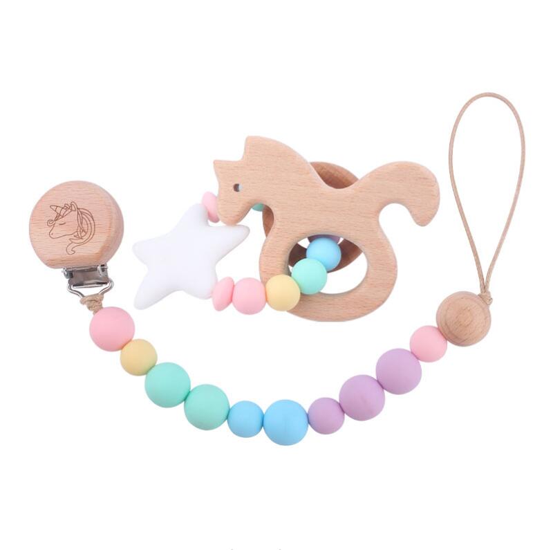 INS baby Safty Wooden Soothers & Teethers Unicorn Elephant Shape Beads Ball Design Health Care Teething Training Infant Pacifier Anti-Drop Chain Set O