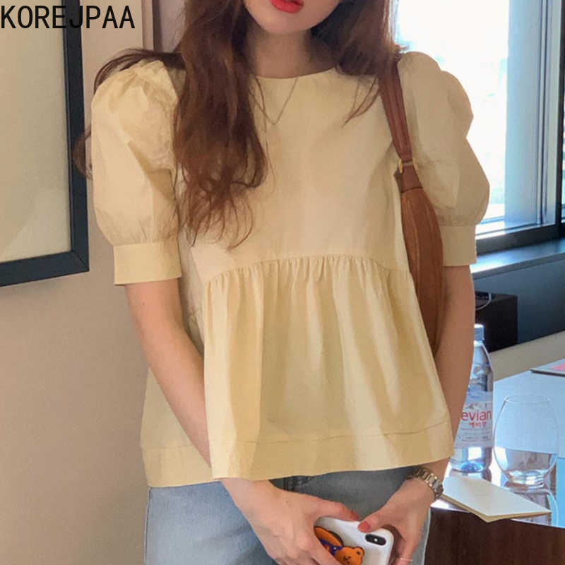 Korejpaa Women Shirt Summer Korean Fashion Chic Sweet Round Neck Lemon Yellow Loose Casual Joker Bubble Sleeve Blouse Female 210526