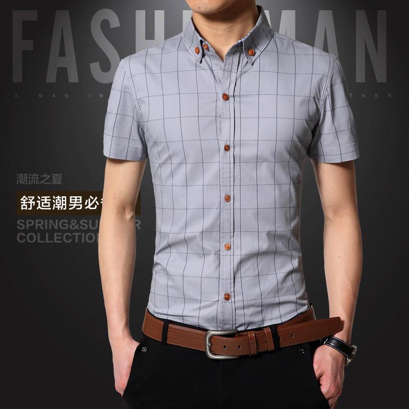 Plaid Mens Shirts Slim Cotton 2021 Dress Short Sleeve Social Casual Shirt Men Brand Chemise Homme M-5XL Men's