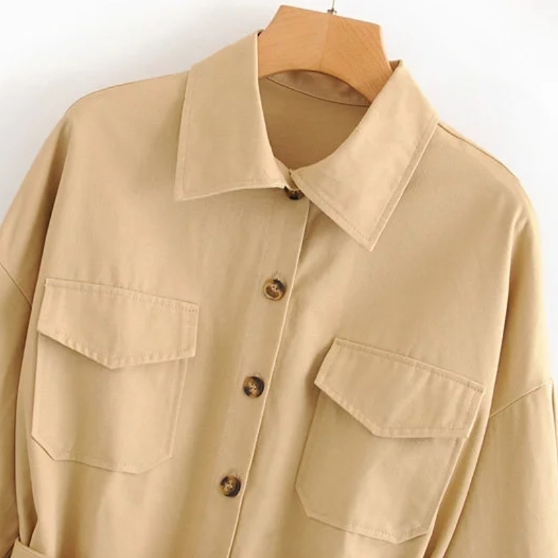 Solid Women Patch Pocket Sashes Oversize Shirt Leisure Lady Long Sleeves Blouse Autumn Female Loose Tops S6071 210430Z