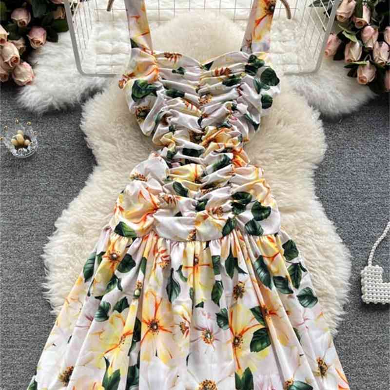 Fashion Ruffles Ruched Spaghetti Strap Cotton Dress Women Square Collar Backless Floral Print Ball Gown Pleats Summer Dress 210515