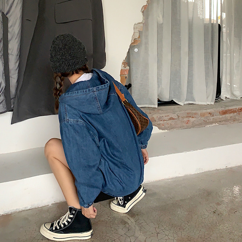 Nomikuma Jeans Hooded Sweatshirt Autumn Causal Long Sleeve Women Hoody Korean Drawstring Pocket Demin Hoodie Jumper 6C511 210427