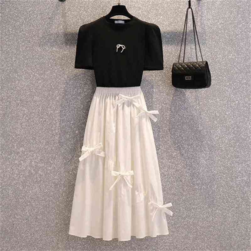plus size Summer korean 2 piece set Women Black Puff Sleeve T-Shirt Top and High Waist White Bow Midi Skirts Suit Female 210519
plus size Summer korean 2 piece set Women Black Puff Sleeve T-Shirt Top and High Waist White Bow Midi Skirts Suit Female 210519