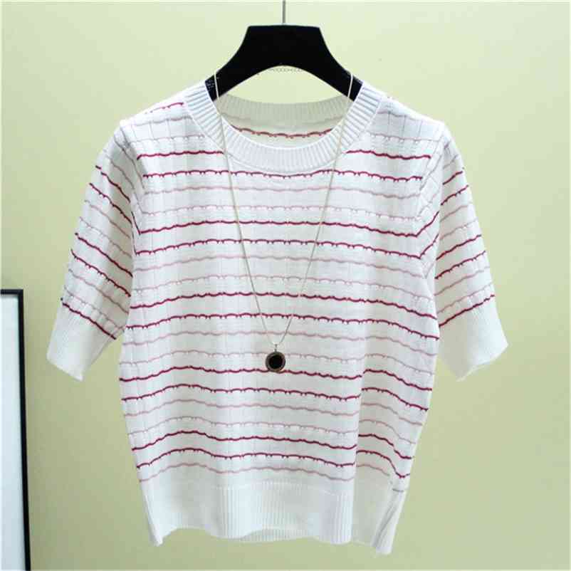Big Size Casual Stripe Thin Women's Knitwear T-Shirt Korean Fashion Short Sleeve Knitted Tops Femlae Summer O-Neck Pullover Tees 210522