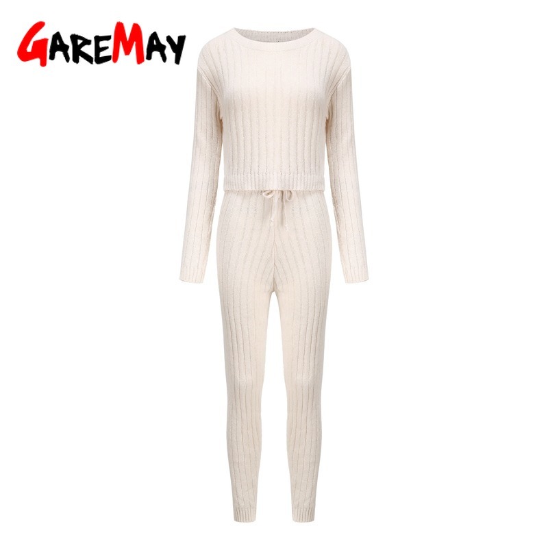 Women Knitted Long Sleeve O-neck Sweater and Pant Drawstring 2 Piece Set Home Foreign Trade Casual Two Pieces Sets Women's Suits 210428