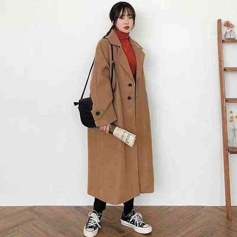 Woman Long Coat Fashion Korean Preppy Style Retro Versatile Windbreaker Casual Warm Woolen Coat Oversize Spring Women Coat 211104