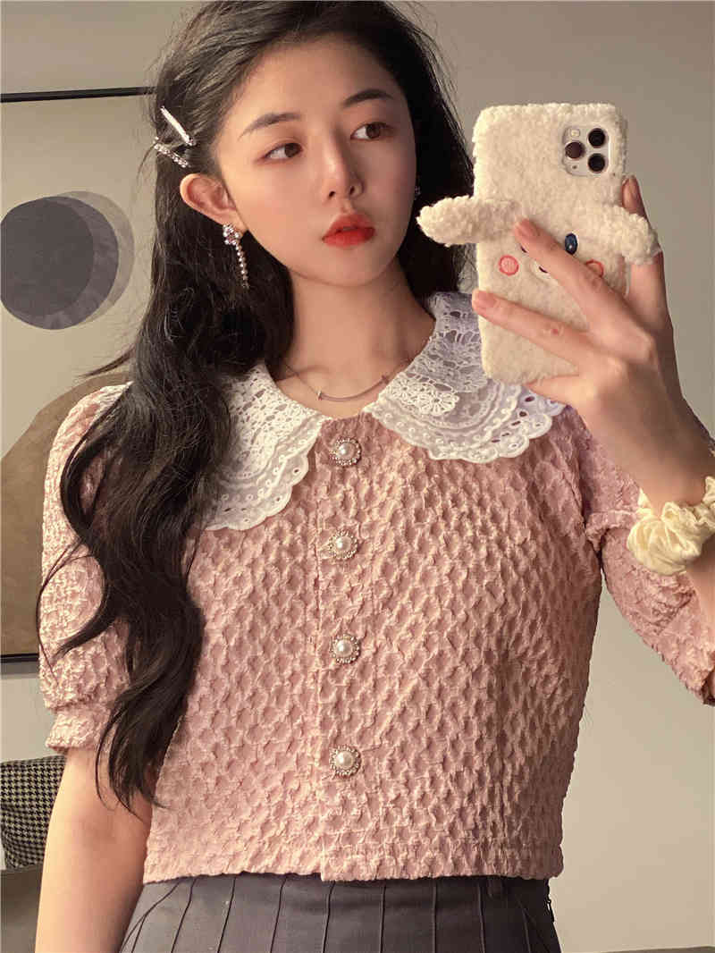 Sweet Pink Puff Short Sleeve Peter Pan Collar Patchwork Lace Shirts Women Summer Single-breasted Blouse Fashion Tops Chic 210429