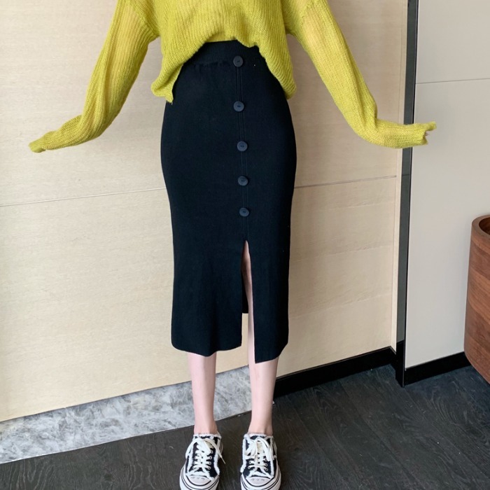 Nomikuma Autumn Winter Women Sweater Skirts Korean Buttons Split High Waist Slim Knitted Skirts Fashion Faldas Mujer 6D269 210427