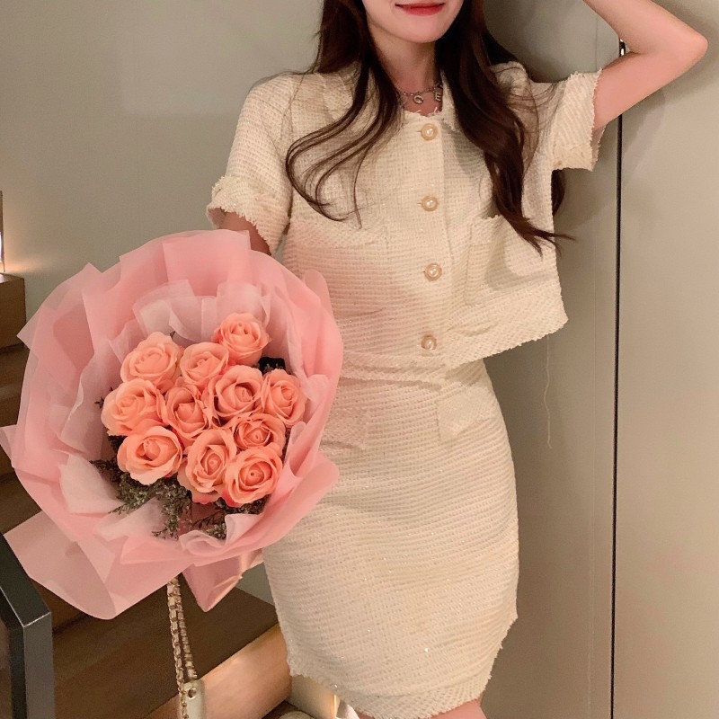 Korea Two Piece Set Women Elegant Fashion Tweed Peter Pan Collar Short Sleeve Crop Top + Bodycon Tassel Mini Skirt Suit 210519