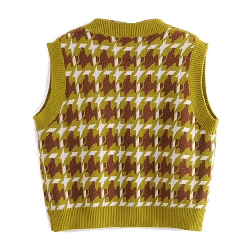 Preppy Style Check Plaid Knitted Sweater Vest Women 90s Vintage Korean Clothing V Neck Tank Top Y2K Knitwear Sleeveless 210429