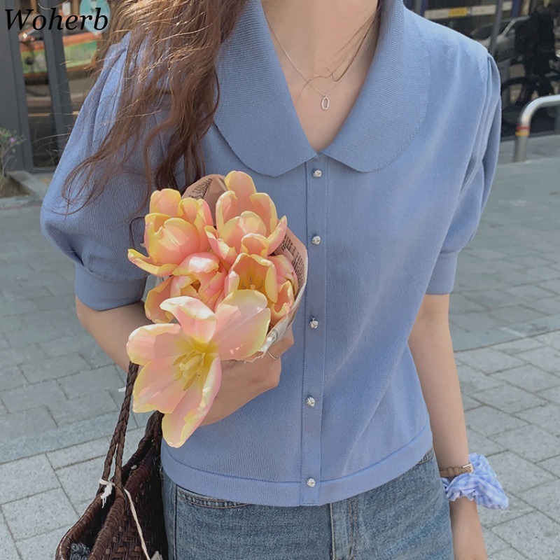Knitted Thin Tops Women Solid Color Short Sleeve Single Breasted Sweater Sweet Peter Pan Collar Fashion Cardigan Sueter 210519