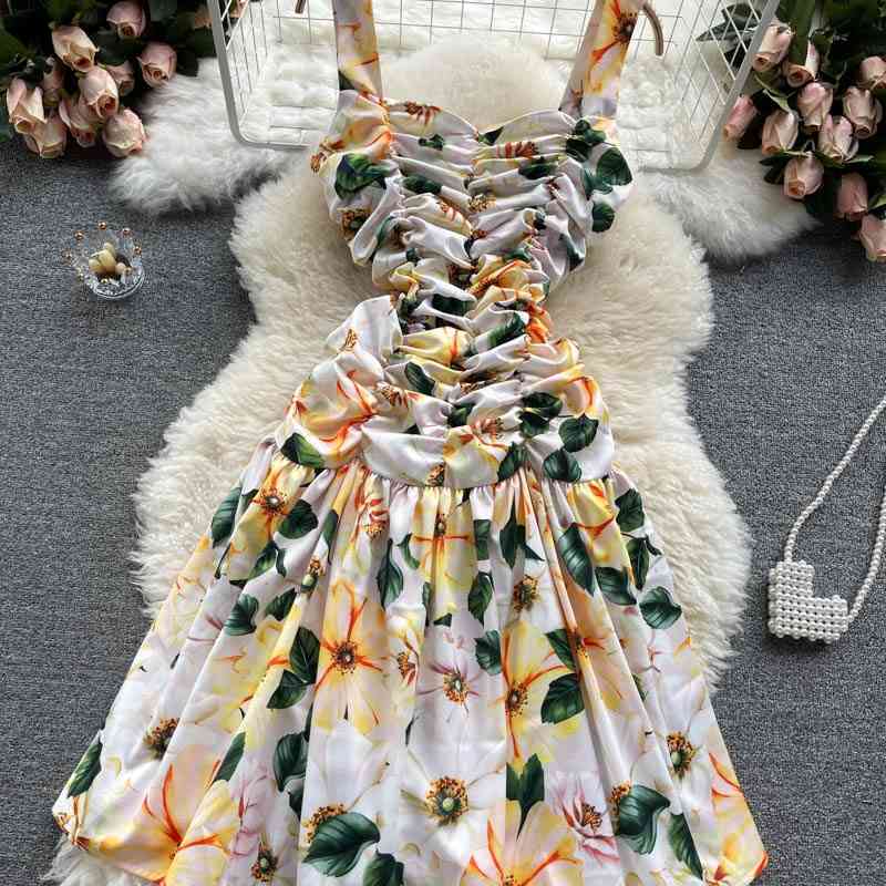 Fashion Ruffles Ruched Spaghetti Strap Cotton Dress Women Square Collar Backless Floral Print Ball Gown Pleats Summer Dress 210515