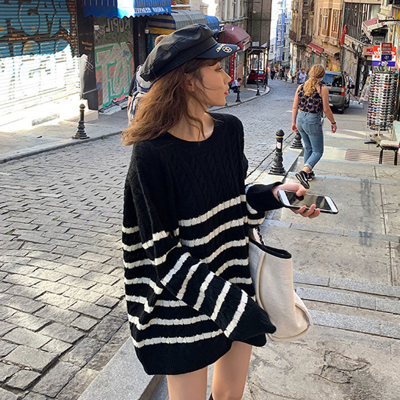 Autumn and Winter Sweater Women Loose Pullover Korean Striped Twist Color Long Casual Knitwear Pull Femme 11947 210427