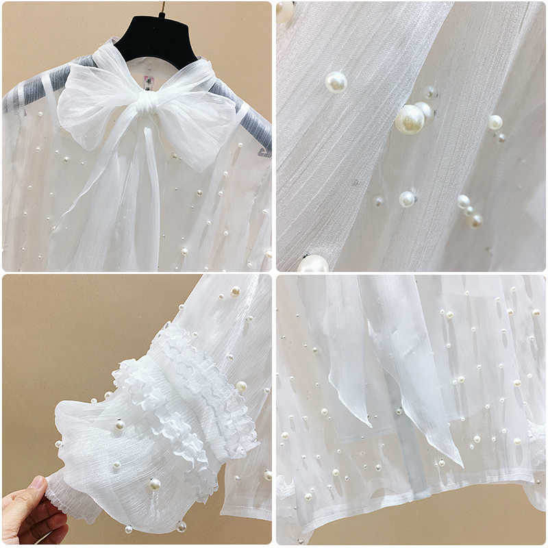 Spring Sweet Bow Solid Beading Full Chiffon Shirts Women Blouse 210615Z