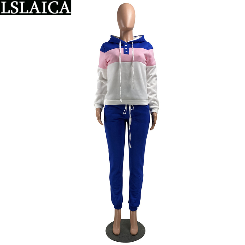 Two-piece Fashion Casual Sports Stitching Thickened Sweater Suit Elastic Waist Hooded Sweatshirt&woman Pants 210520