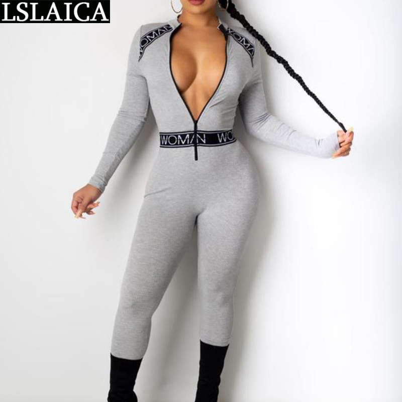 Jumpsuit Skinny Sexy Clubwear Fashion Jump Suits for Women Zipper Long Sleeve Fitness Tracksuit Enterizos Para Mujer 210520