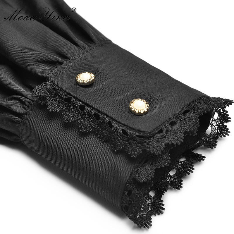 Fashion dress Spring Women's Dress Beaded Diamond Peter pan Collar Long sleeve Black Lace Elegant long Dresses 210524