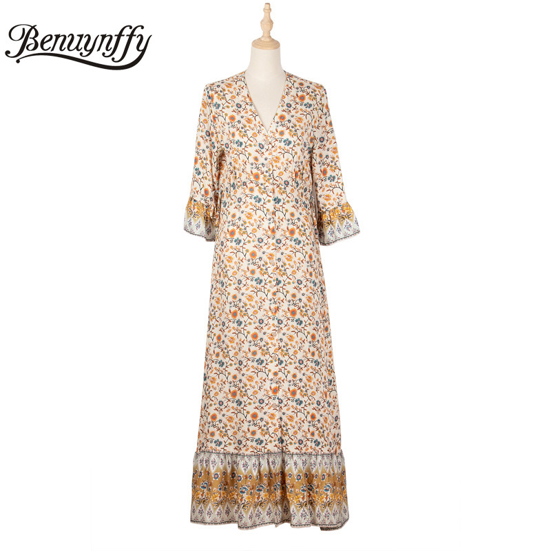 V-neck Button Up Floral Print Vacation Bohemian Maxi Dresses Women Summer Casual Tie Waist 3/4 Sleeve Ruffle Hem Dress 210510