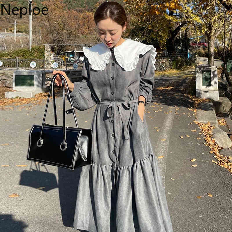 Neploe Korean Chic Maxi Dresses Women Temperament Peter Pan Collar Ruffles Vestidos Single Breasted Loose Lace Up Elegant Dress 210422