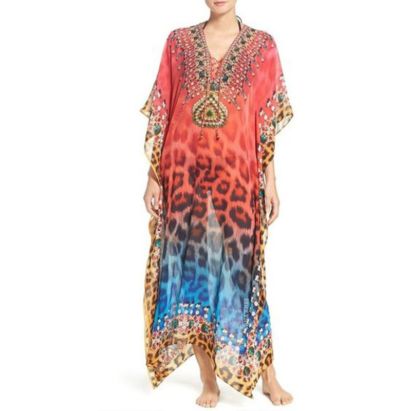 Bikini Cover-ups Red Bohemian Leopard Printed Summer Beach Dress Chiffon Tunic Women Wear Swim Suit Cover Up Q993 210420