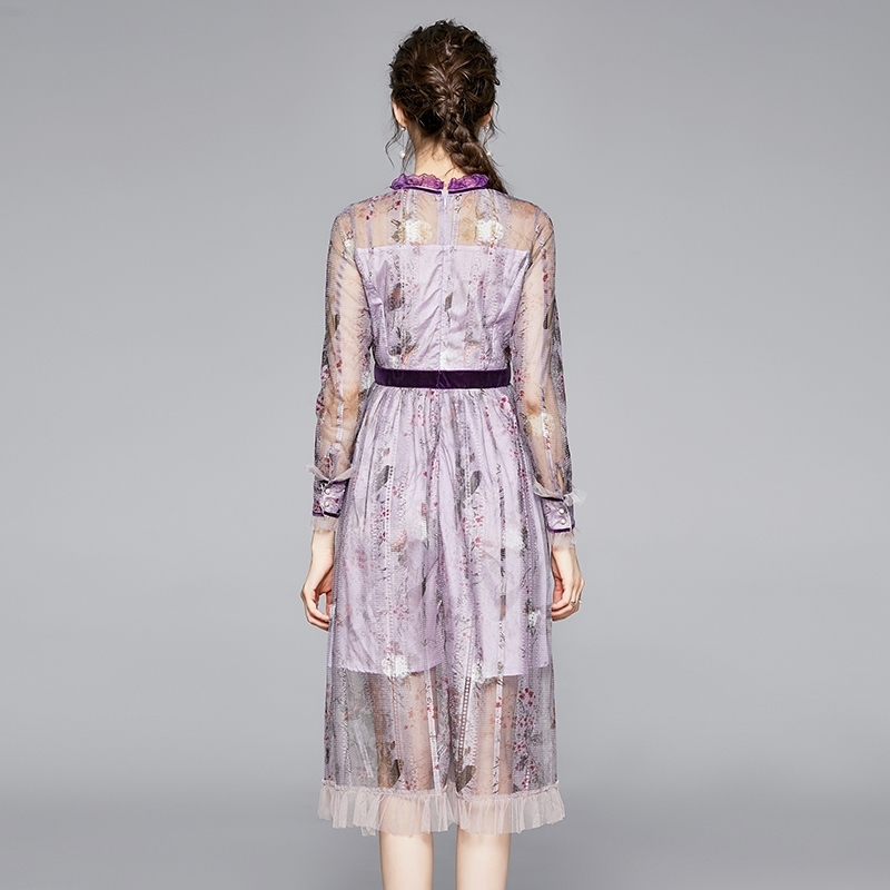 Spring Elegant Lace Mesh Print Dress Women's Ruffles Female Long Sleeve Big Swing Vestidos 210520