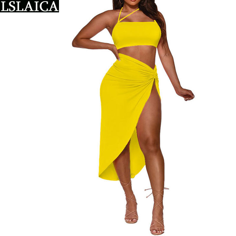 Explosion Style Set Skirt Sexy Split Irregular and Tops Solid Color Exposed Navel Off Shoulder 2 Piece Sets Outfits 210520